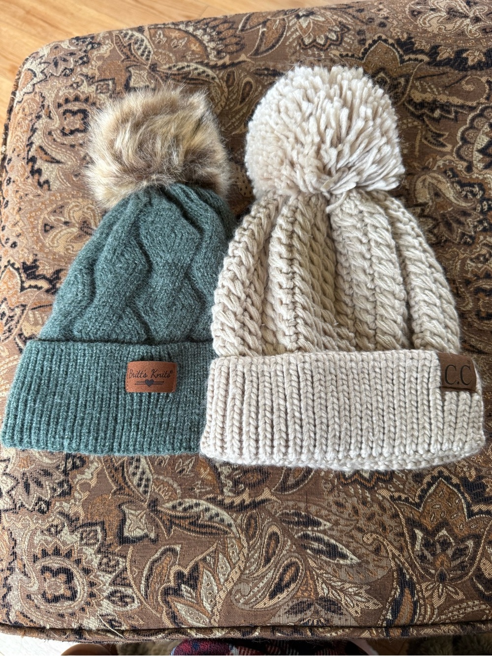 CC Women’s Pom Beanie - Cream & Green Cable Knit Winter Hats